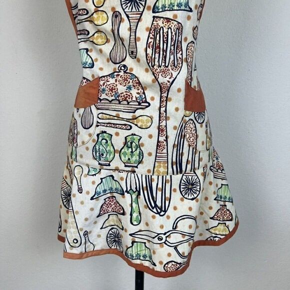 Retro Women Orange & Cream Apron Kitchen Garden Pocket Adjustable Cotton Pinup - Picture 4 of 9